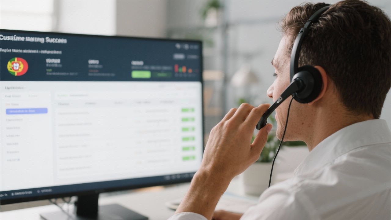 Customer success specialist talking on headset while tracking inquiry tickets on dashboard, symbolizing responsive support for Portuguese marketing consultancy clients.