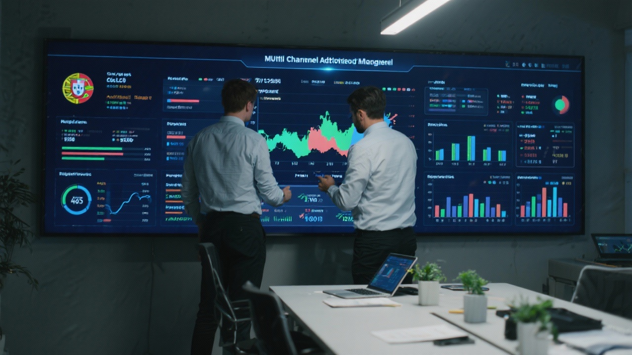 Two colleagues analyzing multi-channel attribution modeling on large interactive screen inside analytics war room with Portuguese market dashboards and predictive revenue scenarios.